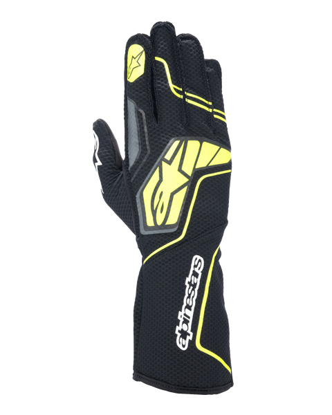 Gants Alpinestars Tech-1 KX V4, gants de karting, gris goudron, noir et jaune fluo, vue du dos de la main avec construction en maille respirante, grand logo Alpinestars jaune, inscription blanche sur le poignet, étoile jaune sur l'index, design sportif moderne