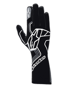 Alpinestars Tech-1 Race V4 handschoenen, autoracehandschoenen, Black Tar Gray, met een groot wit geometrisch sterlogo, Alpinestars-branding op de manchet en wijsvinger, model met lange schacht voor high-performance autosport