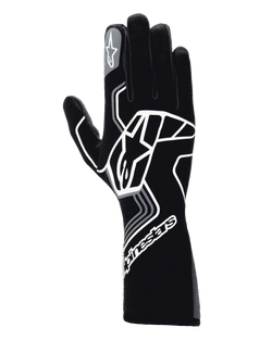 Alpinestars Tech-1 Race V4 Handschuhe, Auto-Rennhandschuhe, Schwarz Teer-Grau, großes weißes geometrisches Stern-Logo, Alpinestars-Branding an Stulpe und Zeigefinger, langer Stulpen-Stil für Hochleistungs-Motorsport