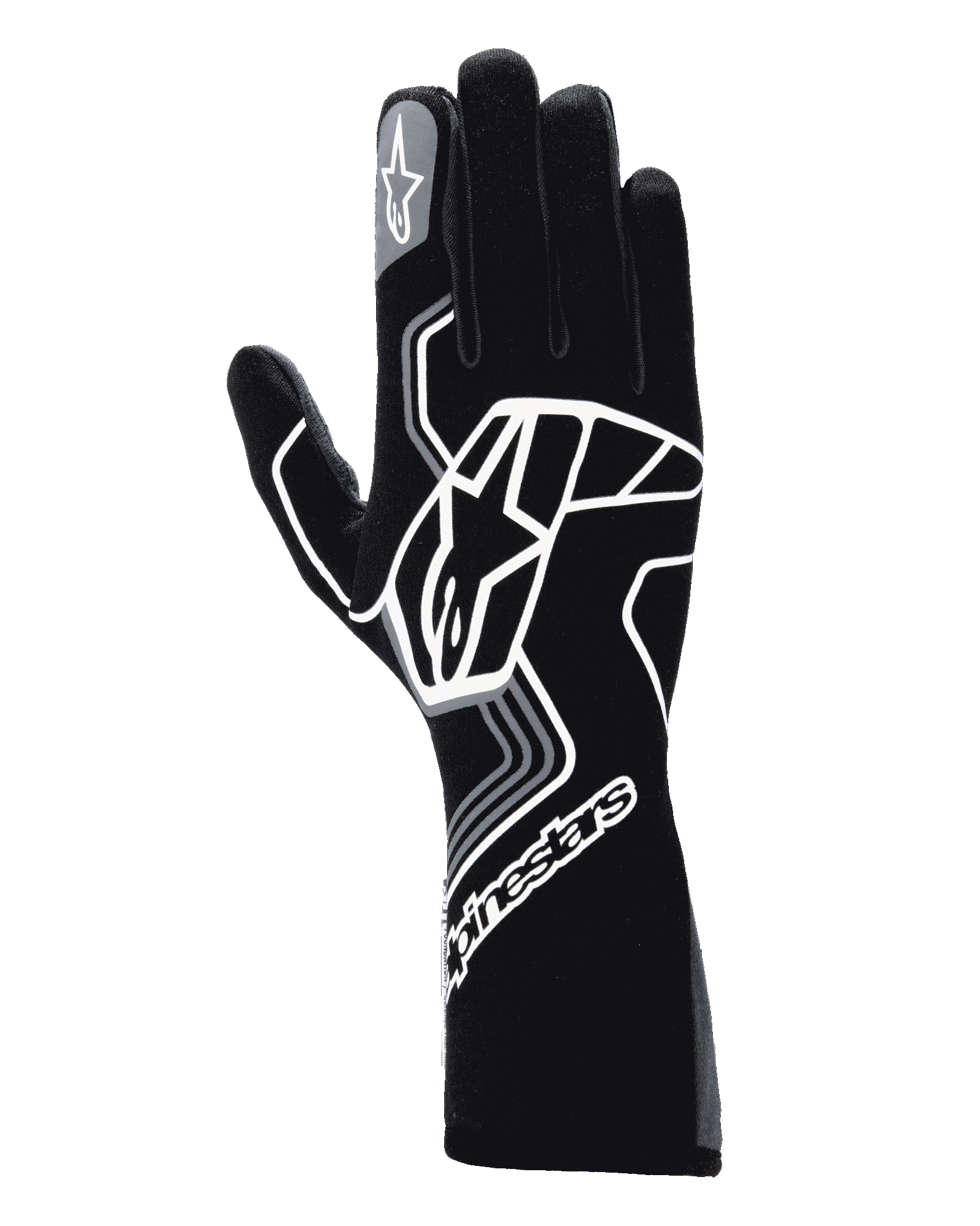 Alpinestars Tech-1 Race V4 Gloves, Auto Racing Gloves, Black Tar Gray, featuring a large white geometric star logo design, Alpinestars branding on the cuff and index finger, long gauntlet style for high-performance motorsport
