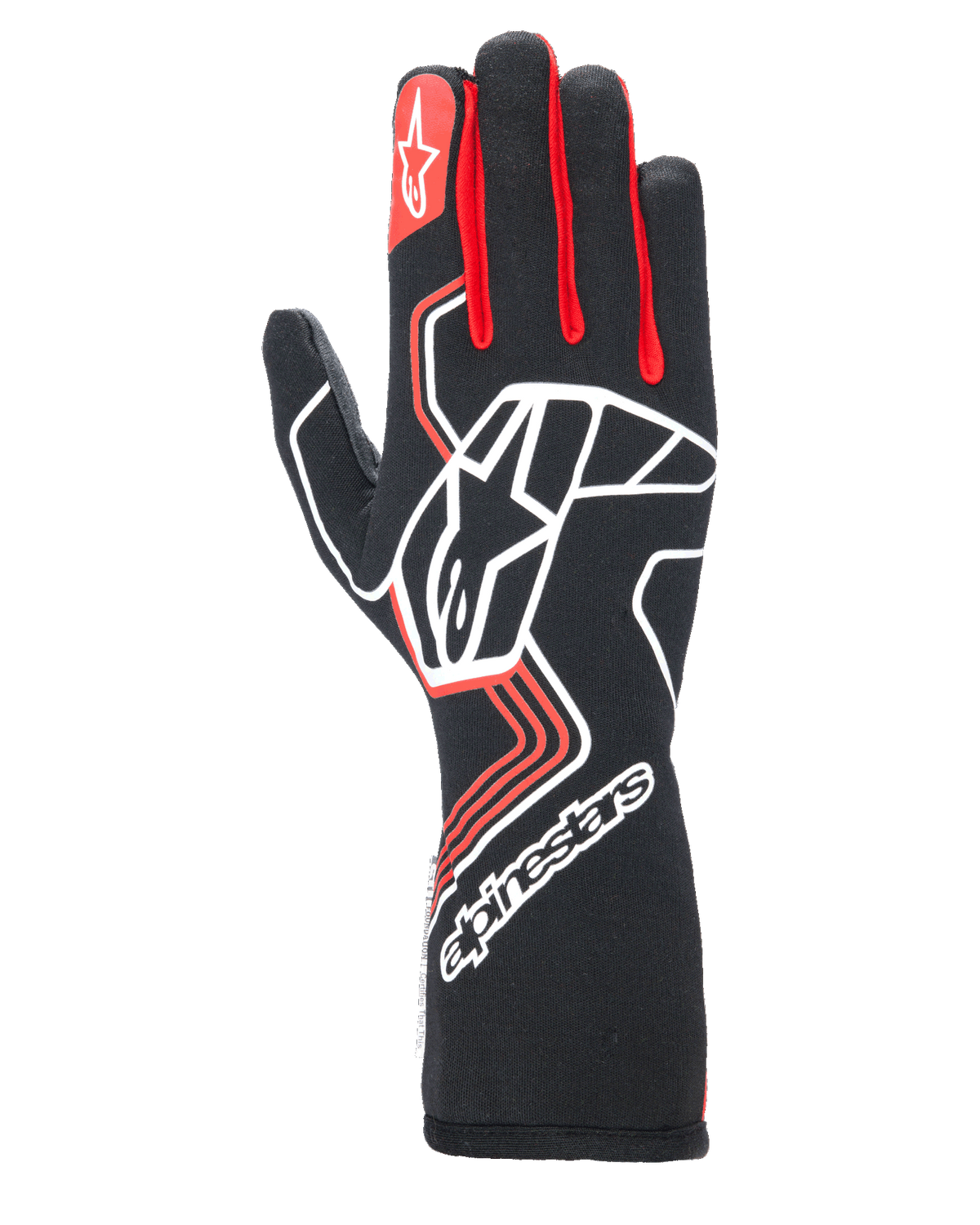 Alpinestars Tech-1 Race V4 Handschuhe, Motorsport-Rennhandschuhe, Schwarz mit roten und weißen Akzenten, großes weißes Sternenlogo auf dem Handrücken, rote Fingerzwischenräume, weißes Branding an der verlängerten Stulpe, geometrische Designmuster