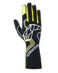 Gants Alpinestars Tech-1 Race V4, gants de course automobile, noirs avec accents jaune fluo et blancs, dotés d'un grand logo étoile sur le dos et d'une plus petite étoile sur l'index, design épuré avec motifs géométriques et manchette longue