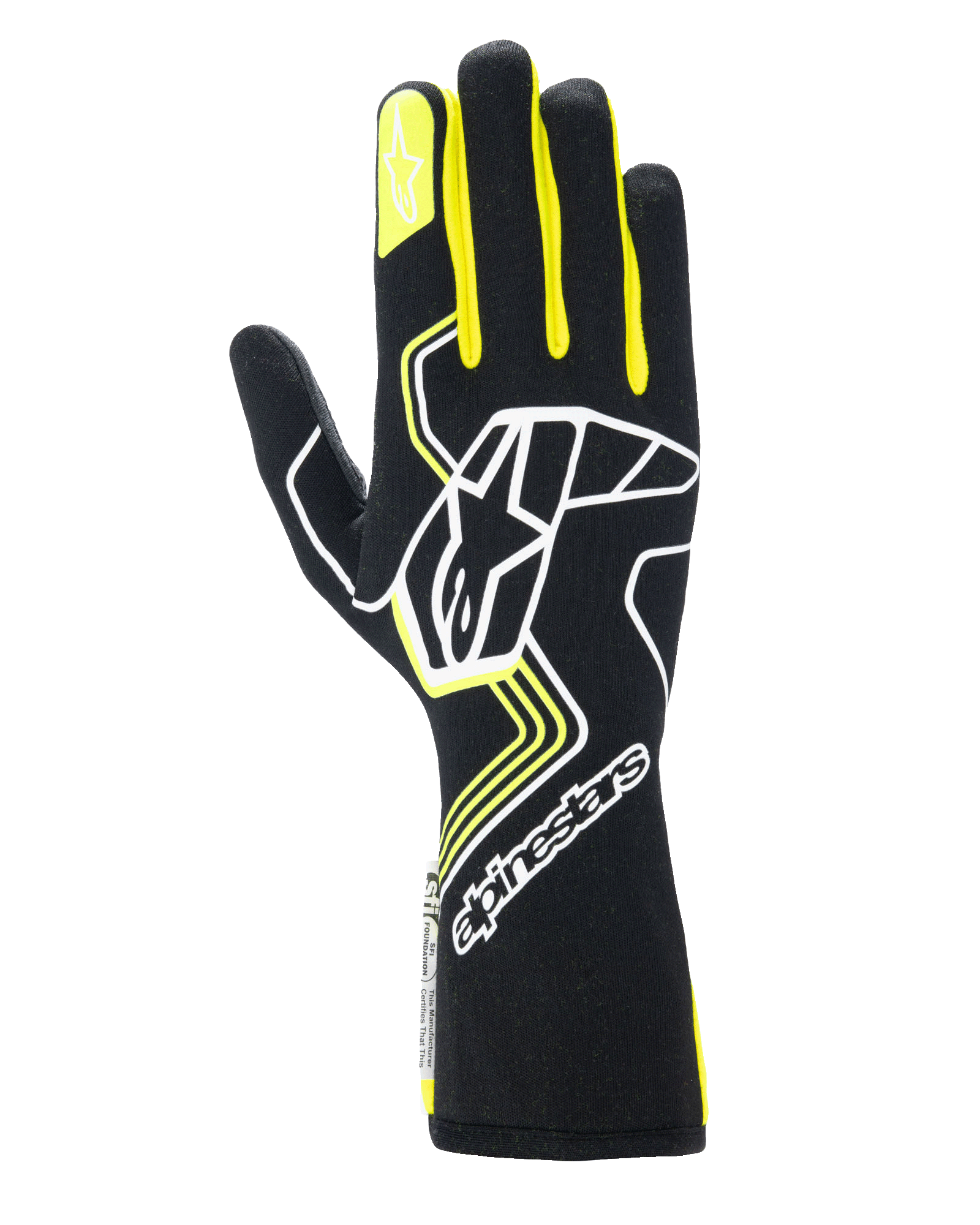 Alpinestars Tech-1 Race V4 Gloves, Auto Racing Gloves, Black with Yellow Fluo and White accents, featuring a large star logo on the back and smaller star on the index finger, sleek design with geometric patterns and extended gauntlet cuff