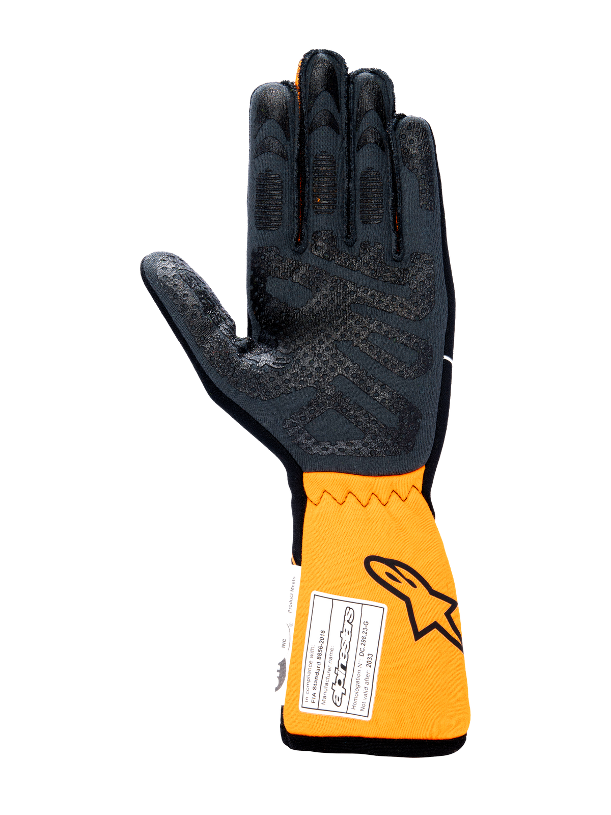 Gants Alpinestars Tech-1 Race V4, gants de course automobile, vue de la paume en noir et orange fluo, avec motif d'adhérence en silicone sur la paume et les doigts, manchette orange allongée avec étiquette d'homologation FIA et logo Astars