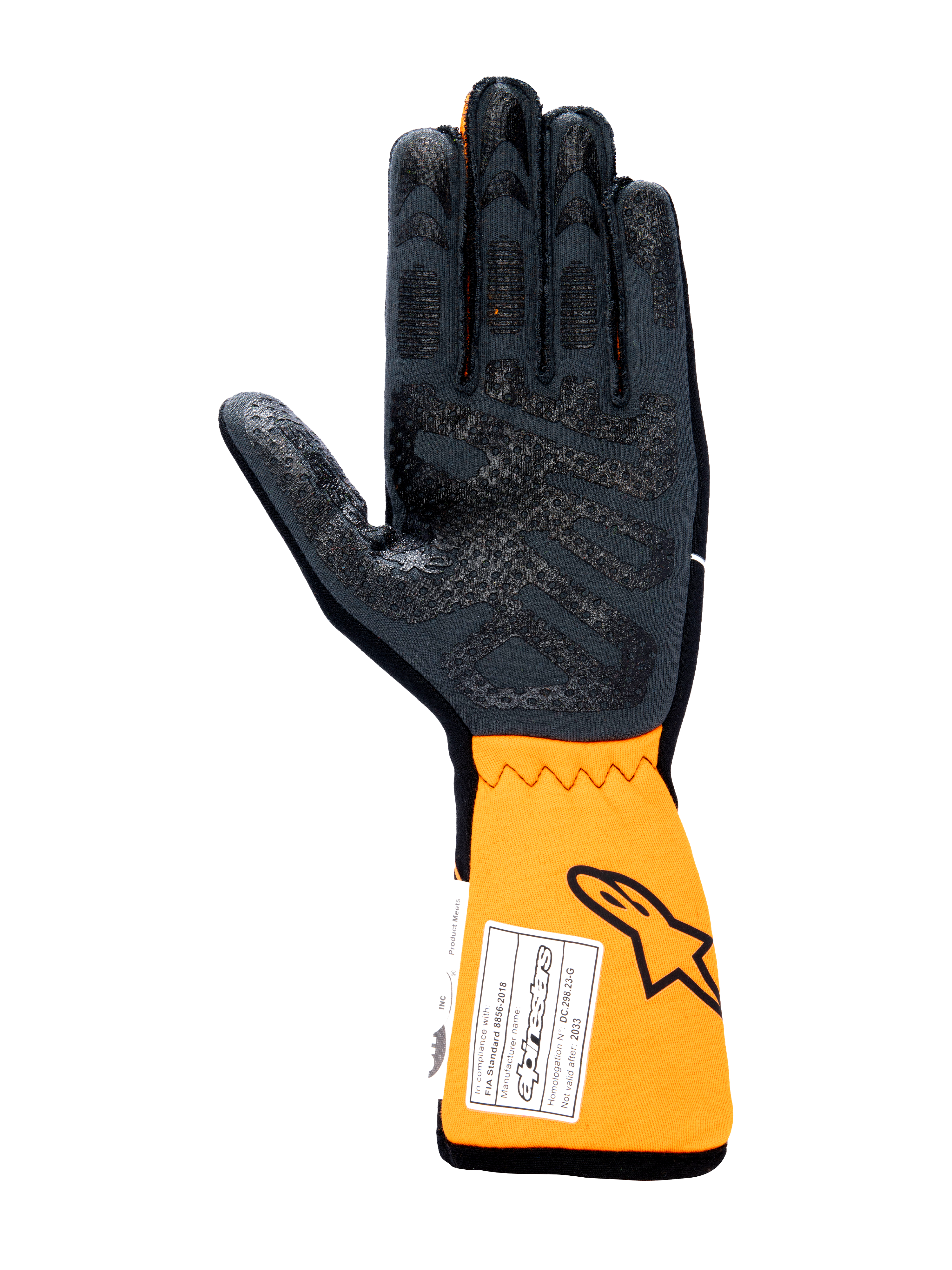 Gants Alpinestars Tech-1 Race V4, gants de course automobile, vue de la paume en noir et orange fluo, avec motif d'adhérence en silicone sur la paume et les doigts, manchette orange allongée avec étiquette d'homologation FIA et logo Astars