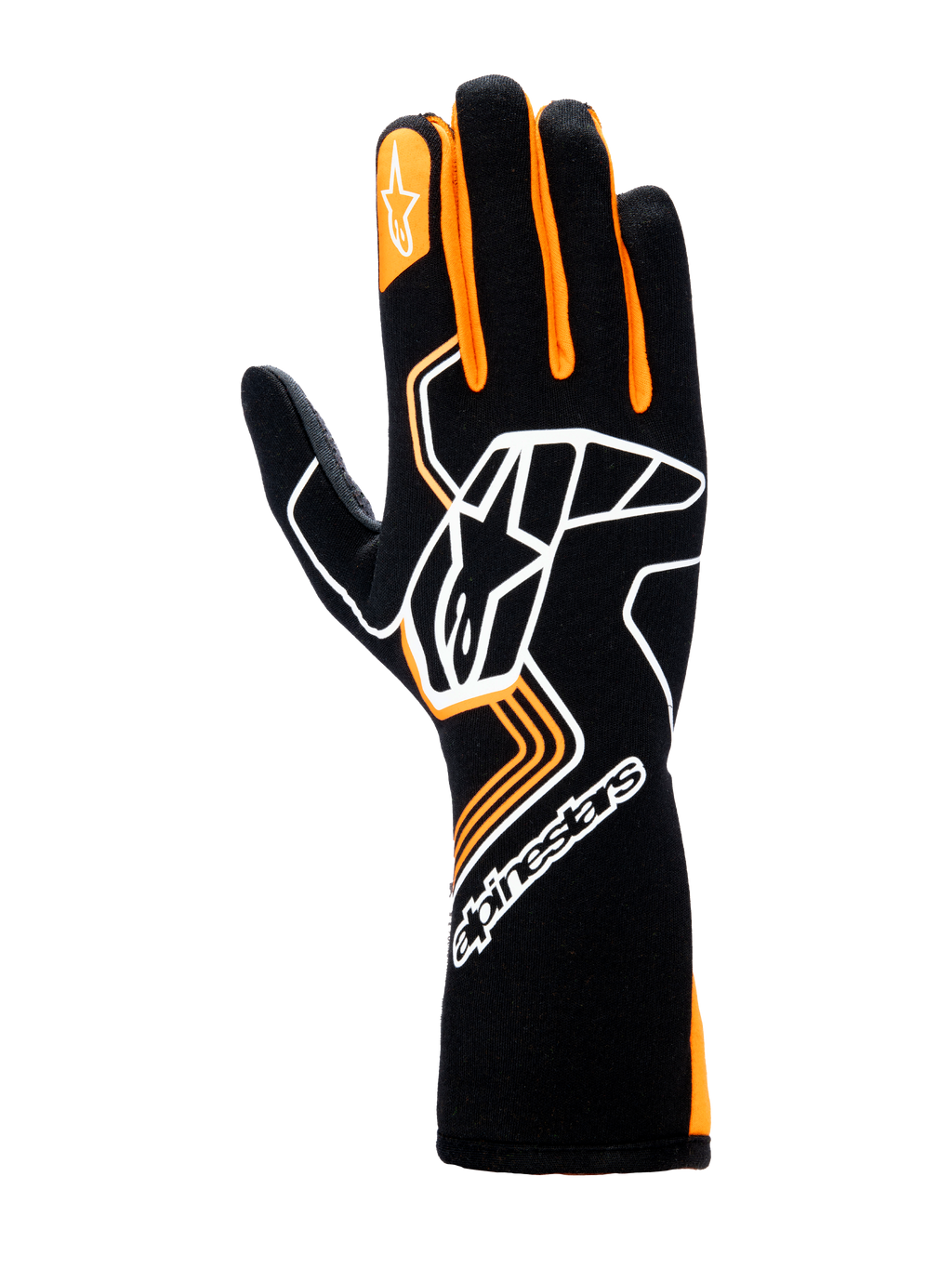Gants Alpinestars Tech-1 Race V4, gants de course automobile, noir et orange fluo, avec un grand logo Astar blanc sur le dessus de la main, des détails orange sur les doigts et une manchette longue pour une protection professionnelle en sport automobile