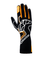 Gants Alpinestars Tech-1 Race V4, gants de course automobile, noir et orange fluo, avec un grand logo Astar blanc sur le dessus de la main, des détails orange sur les doigts et une manchette longue pour une protection professionnelle en sport automobile