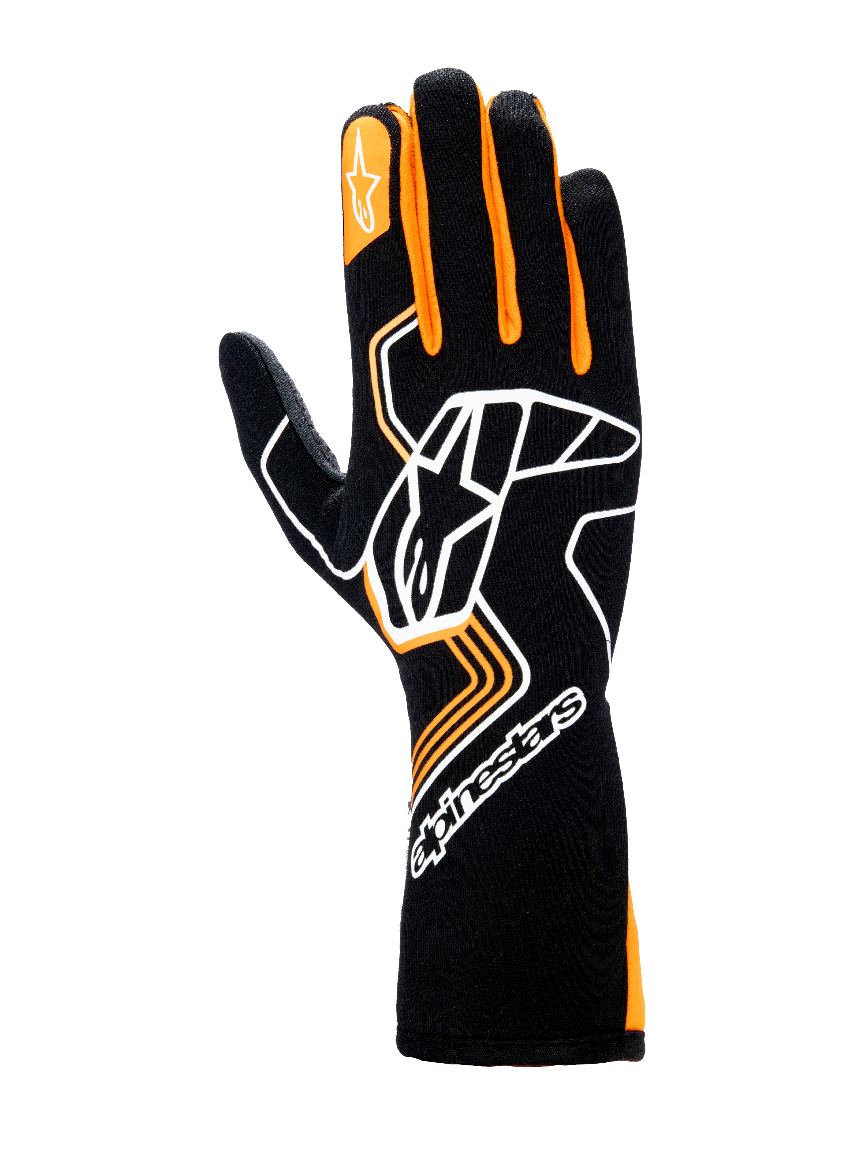 Gants Alpinestars Tech-1 Race V4, gants de course automobile, noir et orange fluo, avec un grand logo Astar blanc sur le dessus de la main, des détails orange sur les doigts et une manchette longue pour une protection professionnelle en sport automobile