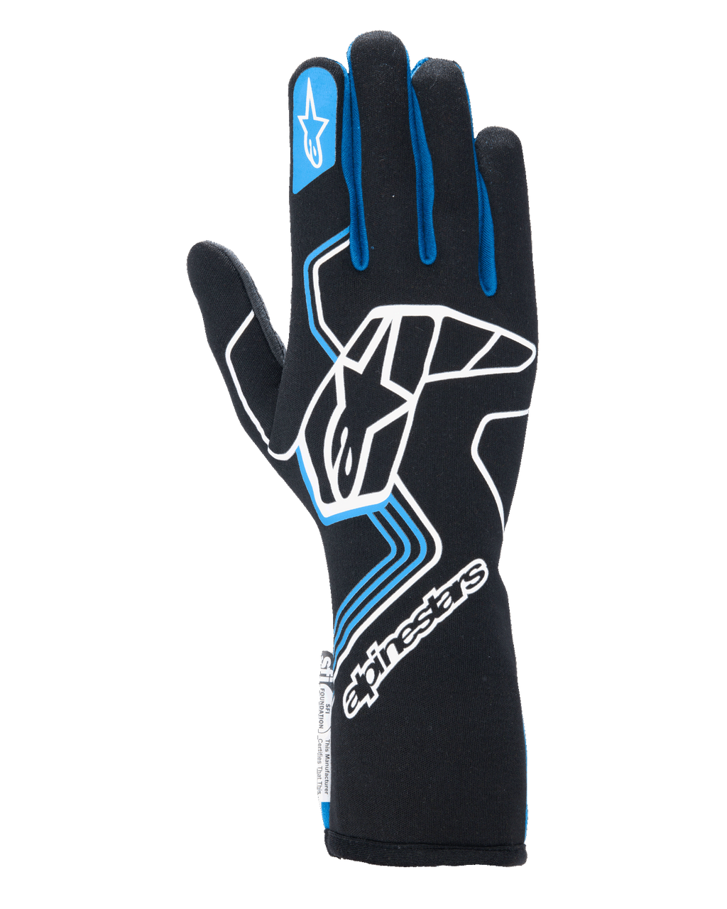 Gants Alpinestars Tech-1 Race V4, gants de course automobile, noirs avec accents bleus et blancs, dotés d'un grand logo blanc sur le dos de la main, de liserés bleus sur les doigts et d'une manchette longue, conception ignifugée professionnelle pour le sport automobile