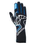 Gants Alpinestars Tech-1 Race V4, gants de course automobile, noirs avec accents bleus et blancs, dotés d'un grand logo blanc sur le dos de la main, de liserés bleus sur les doigts et d'une manchette longue, conception ignifugée professionnelle pour le sport automobile