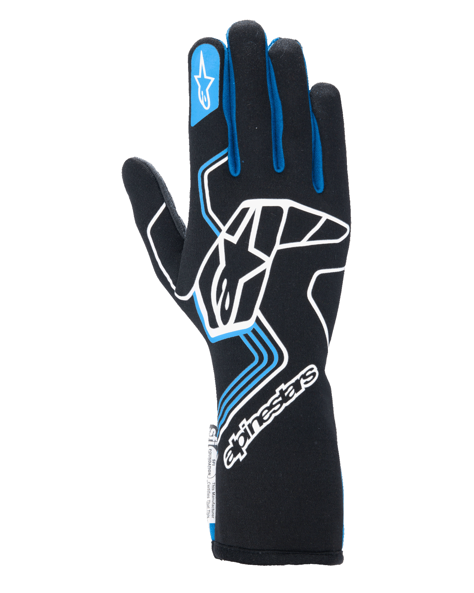 Gants Alpinestars Tech-1 Race V4, gants de course automobile, noirs avec accents bleus et blancs, dotés d'un grand logo blanc sur le dos de la main, de liserés bleus sur les doigts et d'une manchette longue, conception ignifugée professionnelle pour le sport automobile