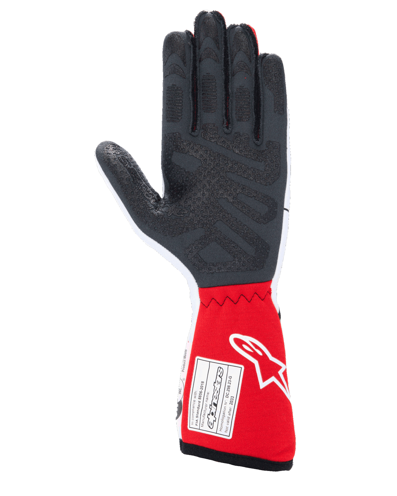 Gants Alpinestars Tech-1 Race V4, gants de course automobile, blanc et rouge, vue de la paume présentant des motifs d'adhérence en silicone noir texturé et une étiquette d'homologation FIA 8856-2018 sur la manchette rouge, équipement de sport automobile professionnel