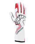 Gants Alpinestars Tech-1 Race V4, gants de course automobile, blancs et rouges avec des accents noirs, avec un logo Alpinestars noir sur le dos de la main, emblème d'étoile rouge sur l'index, conception professionnelle à manchette longue