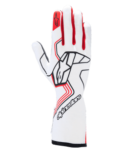 Gants Alpinestars Tech-1 Race V4, gants de course automobile, blancs et rouges avec des accents noirs, avec un logo Alpinestars noir sur le dos de la main, emblème d'étoile rouge sur l'index, conception professionnelle à manchette longue