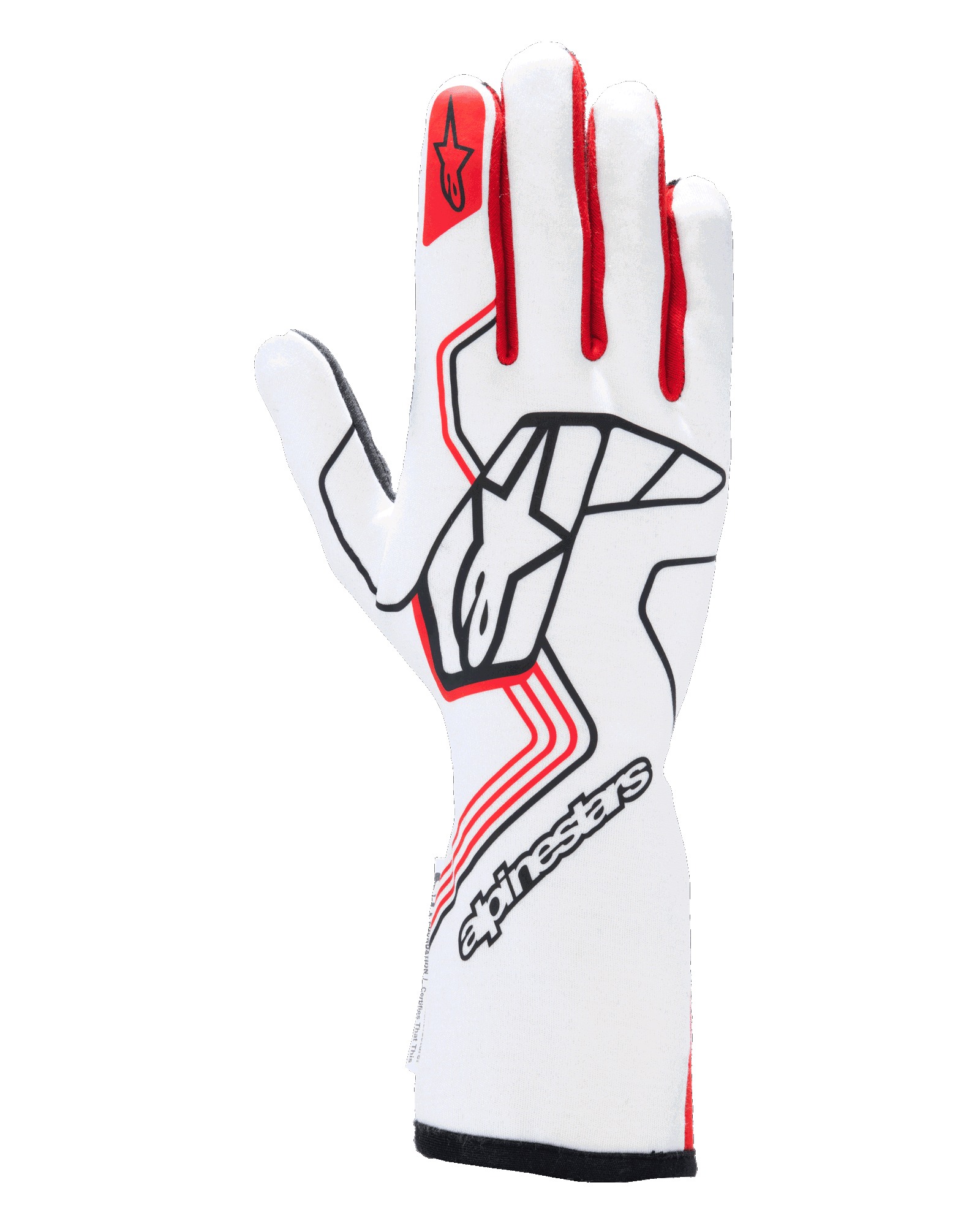 Gants Alpinestars Tech-1 Race V4, gants de course automobile, blancs et rouges avec des accents noirs, avec un logo Alpinestars noir sur le dos de la main, emblème d'étoile rouge sur l'index, conception professionnelle à manchette longue