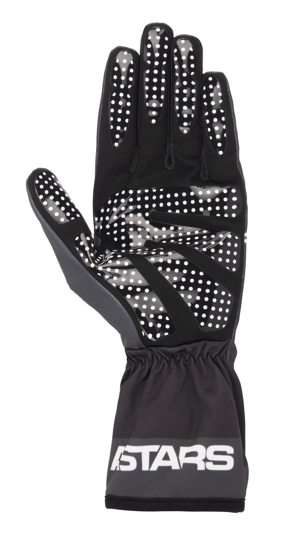 Gants Alpinestars Tech-1 K Race V2 One Vision, noir et gris goudron, vue de la paume présentant un motif d'adhérence à points en silicone blanc, poignet élastiqué avec logo ASTARS, équipement de karting léger