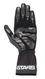 Gants Alpinestars Tech-1 K Race V2 One Vision, noir et gris goudron, vue de la paume présentant un motif d'adhérence à points en silicone blanc, poignet élastiqué avec logo ASTARS, équipement de karting léger