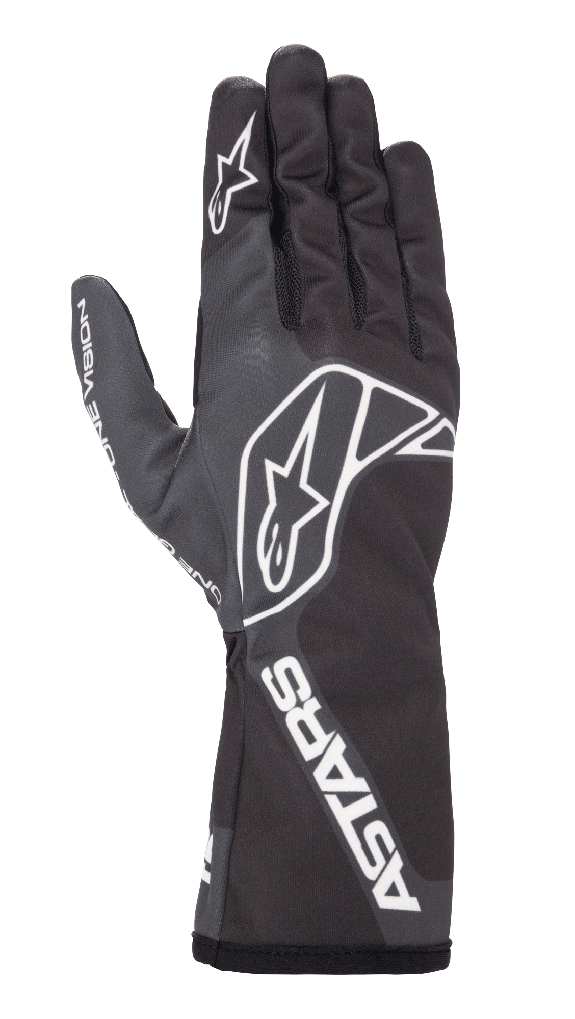 Gants Alpinestars Tech-1 K Race V2 One Vision, gants de karting, noir et gris bitume, avec logo étoile blanc sur le dos et le doigt, marquage ASTARS sur la manchette, design épuré avec manchette longue