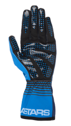 Gants Alpinestars Tech-1 K Race V2 Future, gants de karting, bleu marine et bleu clair, vue de la paume en daim synthétique noir avec points d'adhérence en silicone bleu, manchette élastiquée avec rayures horizontales noires et logo ASTARS blanc