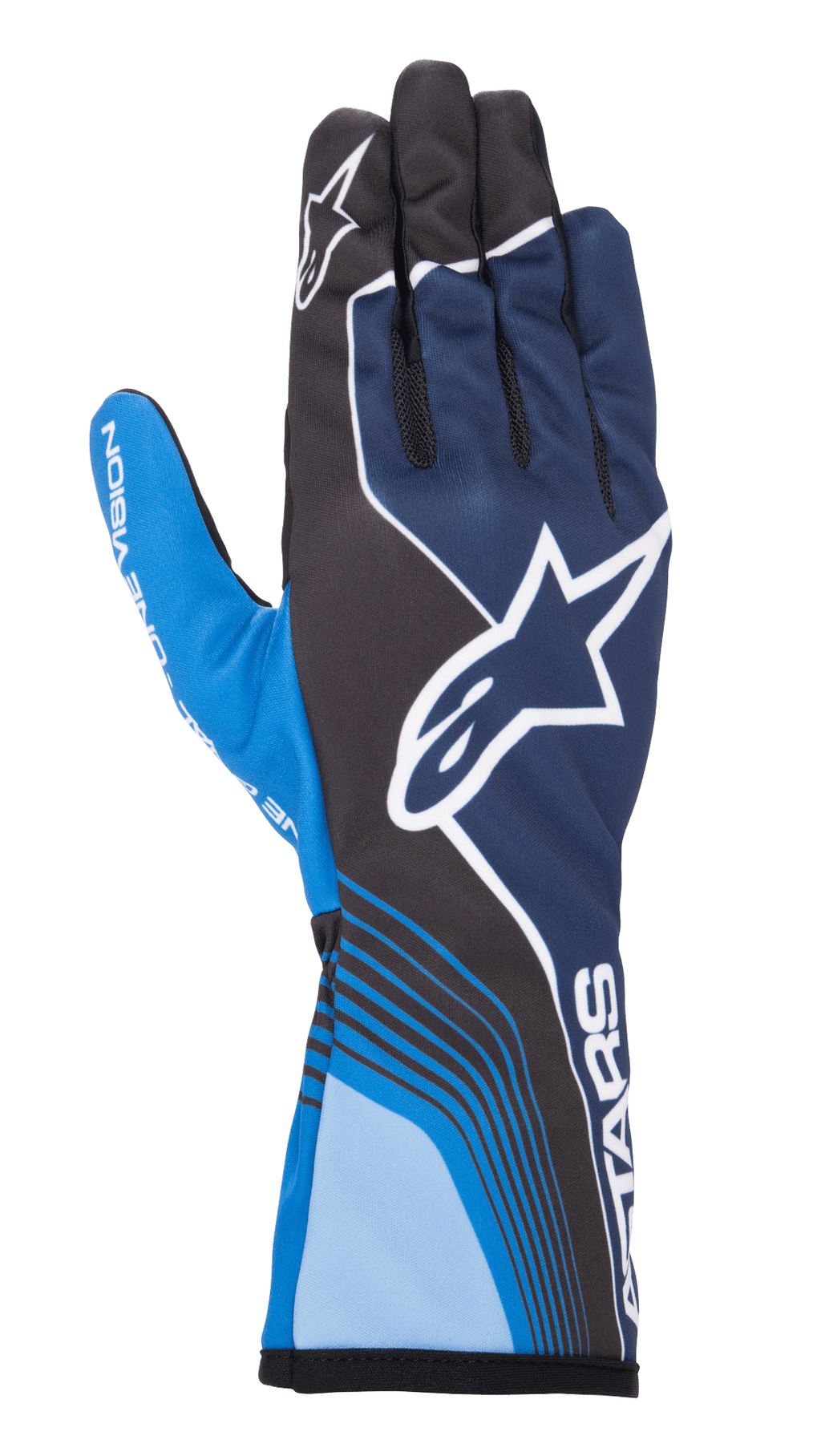 Gants Alpinestars Tech-1 K Race V2 Future, gants de karting, bleu marine et bleu clair avec accents noirs, dotés d'un grand logo étoile blanc, de lignes courbes dynamiques, de sections en mesh sur les doigts et d'un design motorsport sportif avec marquage blanc