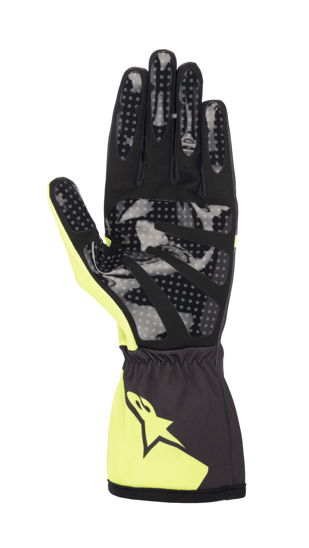 Gants Alpinestars Youth Tech-1 K Race S V2 Corporate, gants de karting, anthracite et lime, vue de la paume montrant l'impression d'adhérence en silicone à pois, paume en daim synthétique et poignet élastiqué avec logo Alpinestars