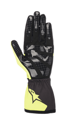 Gants Alpinestars Youth Tech-1 K Race S V2 Corporate, gants de karting, anthracite et lime, vue de la paume montrant l'impression d'adhérence en silicone à pois, paume en daim synthétique et poignet élastiqué avec logo Alpinestars