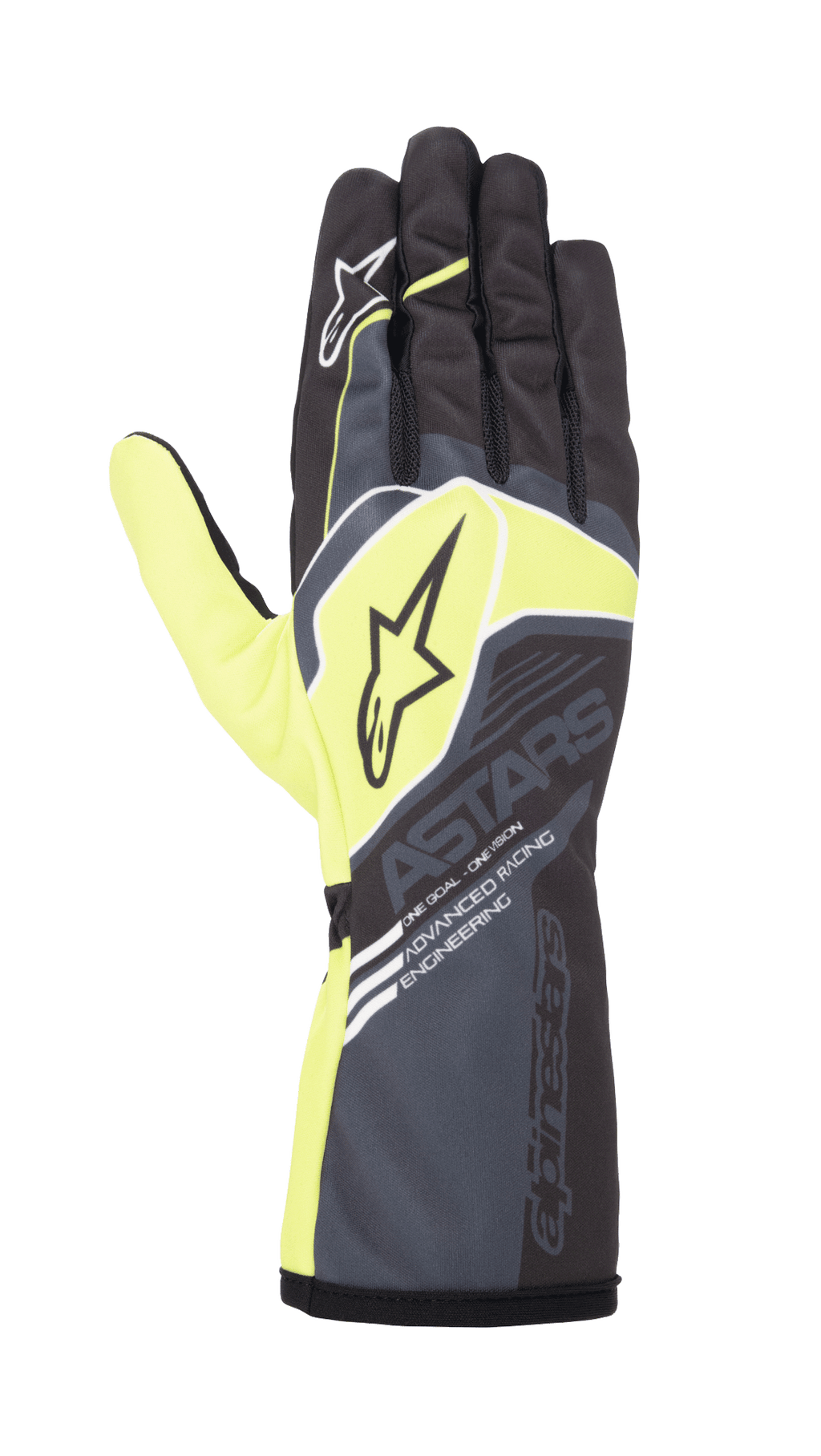 Gants Alpinestars Youth Tech-1 K Race S V2 Corporate, gants de karting pour enfant, anthracite et jaune fluo, avec logos étoiles et marquage « ASTARS », manchette longue avec texte « Advanced Racing Engineering », design de course performant pour jeunes pilotes