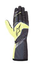 Gants Alpinestars Youth Tech-1 K Race S V2 Corporate, gants de karting pour enfant, anthracite et jaune fluo, avec logos étoiles et marquage « ASTARS », manchette longue avec texte « Advanced Racing Engineering », design de course performant pour jeunes pilotes