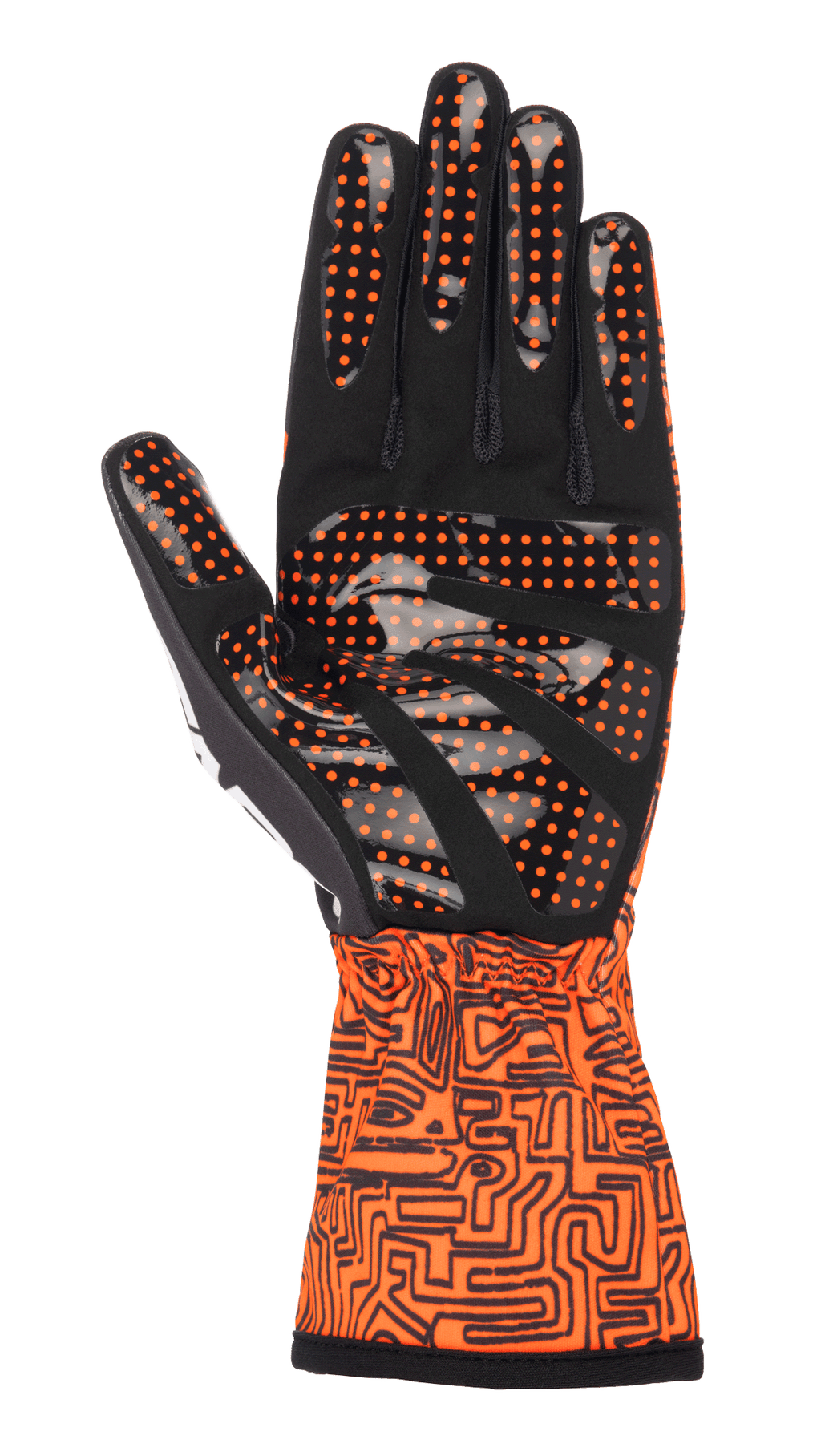 Alpinestars Tech-1 K Race V2 Vertical handschoenen, karthandschoenen, fluo oranje en zwart, handpalmzicht toont zwart synthetisch suède met oranje siliconen nopjesgrip, gauntlet-manchet met een verfijnd zwart grafisch patroon, ontworpen voor nauwkeurige controle tijdens het karten