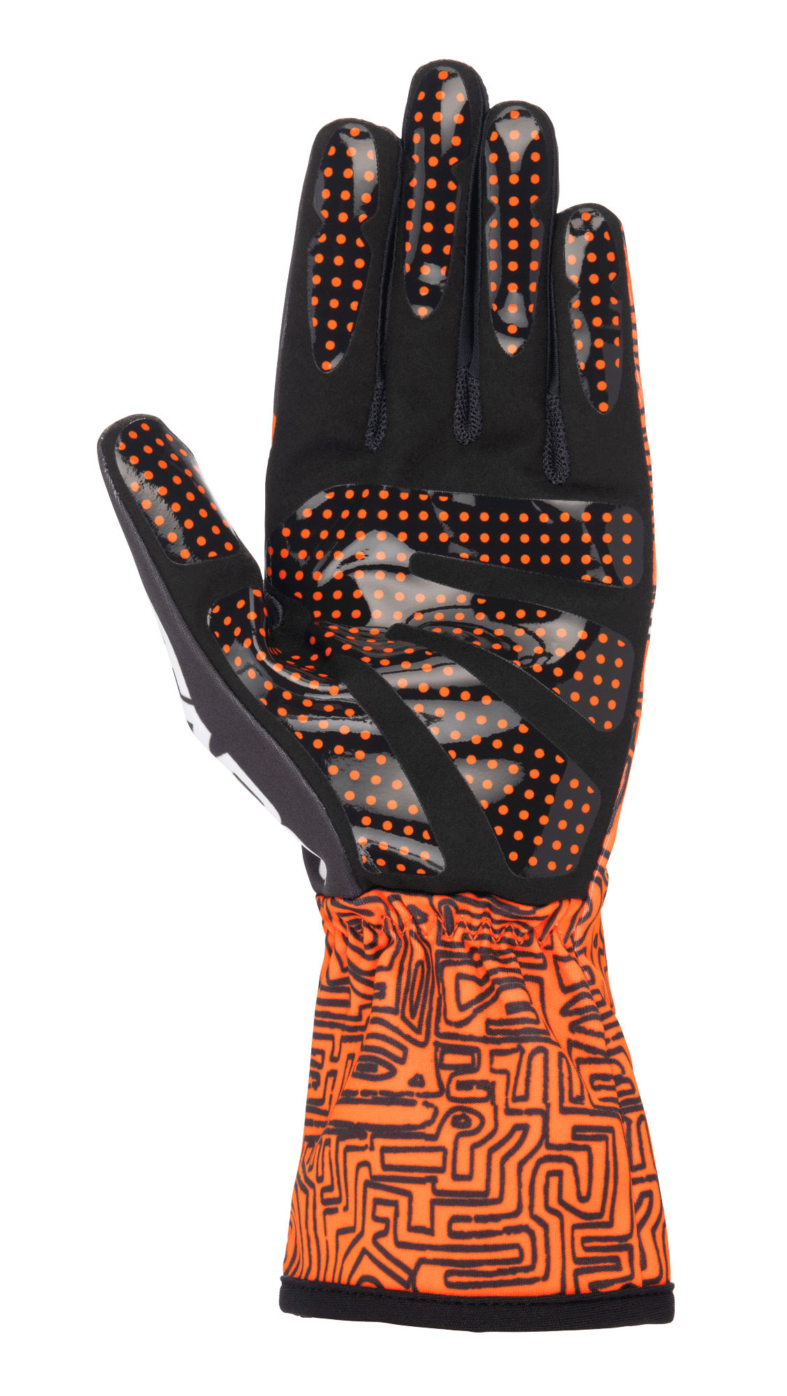 Gants Alpinestars Tech-1 K Race V2 Vertical, gants de karting, orange fluo et noir, vue de la paume montrant le daim synthétique noir avec des points d'adhérence en silicone orange, manchette de type gantelet avec un motif graphique noir complexe, conçus pour un contrôle précis en karting