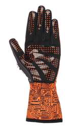 Alpinestars Tech-1 K Race V2 Vertical handschoenen, karthandschoenen, fluo oranje en zwart, handpalmzicht toont zwart synthetisch suède met oranje siliconen nopjesgrip, gauntlet-manchet met een verfijnd zwart grafisch patroon, ontworpen voor nauwkeurige controle tijdens het karten