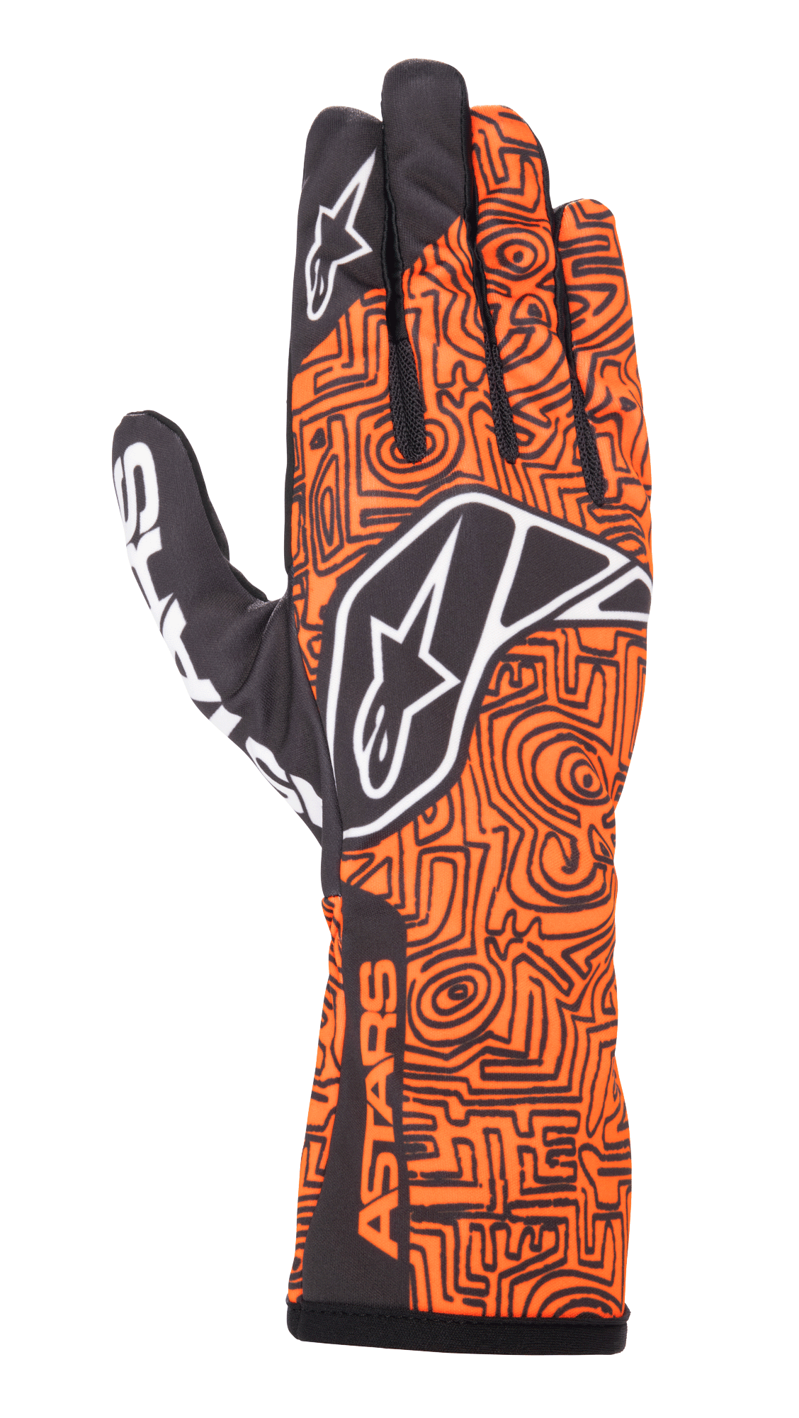 Gants Alpinestars Tech-1 K Race V2 Vertical, gants de karting, orange fluo et noir, arborant un motif géométrique complexe noir de type labyrinthe, logo Alpinestars blanc sur le dos et l'index, marquage ASTARS sur le côté du poignet, conception en mesh léger et respirant