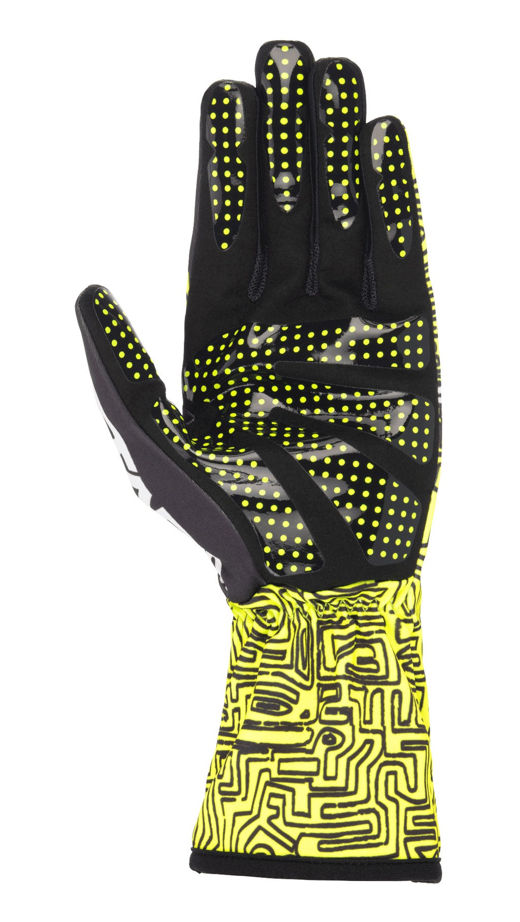 Alpinestars Tech-1 K Race V2 Vertical handschoenen, karthandschoenen, fluogeel en zwart, palmweergave met siliconen grippatroon met gele stippen, abstracte digitale print op de manchet, gespecialiseerd karting-ontwerp