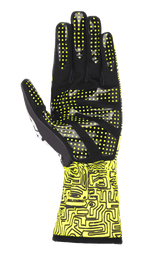 Alpinestars Tech-1 K Race V2 Vertical handschoenen, karthandschoenen, fluogeel en zwart, palmweergave met siliconen grippatroon met gele stippen, abstracte digitale print op de manchet, gespecialiseerd karting-ontwerp