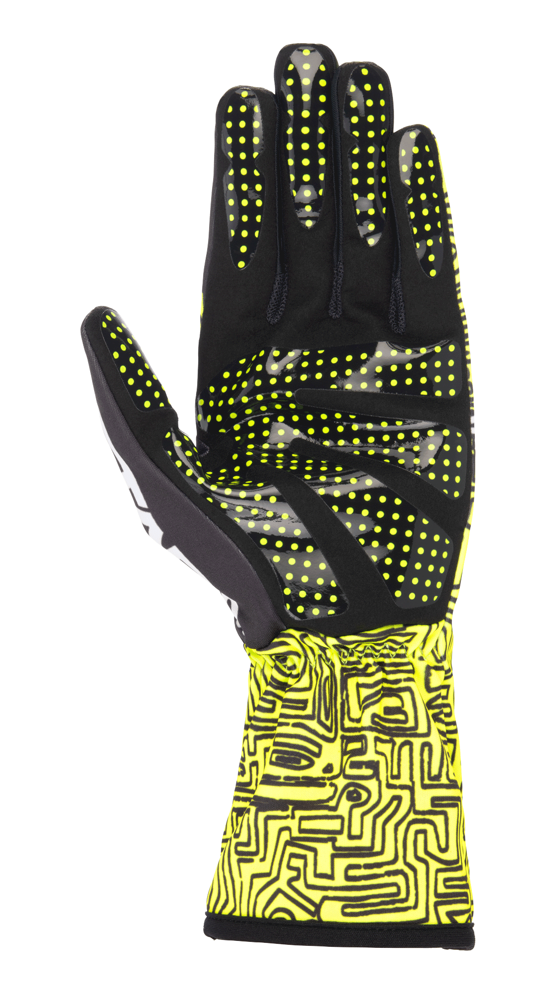 Alpinestars Tech-1 K Race V2 Vertical handschoenen, karthandschoenen, fluogeel en zwart, palmweergave met siliconen grippatroon met gele stippen, abstracte digitale print op de manchet, gespecialiseerd karting-ontwerp