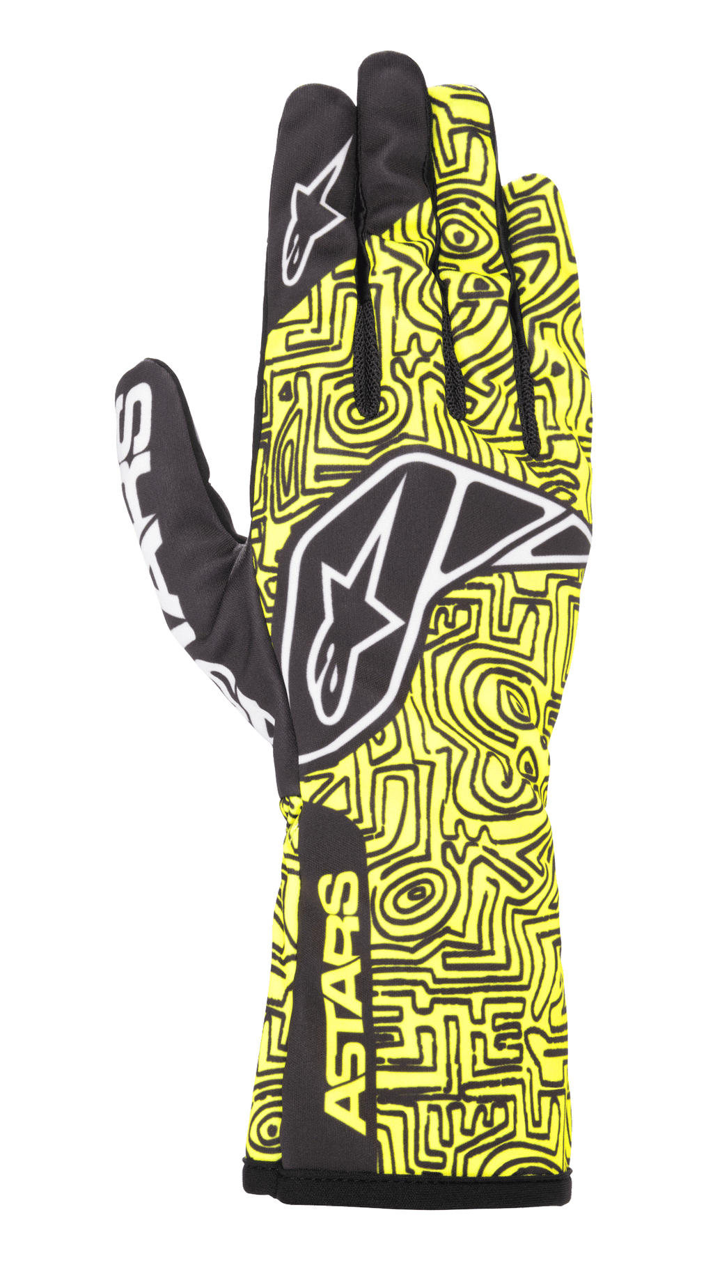 Alpinestars Tech-1 K Race V2 Vertical handschoenen, karting racinghandschoenen, fluogeel en zwart, met wit sterlogo, abstract lijnenpatroon en ASTARS-branding op de manchet, lichtgewicht ontwerp voor motorsportprestaties