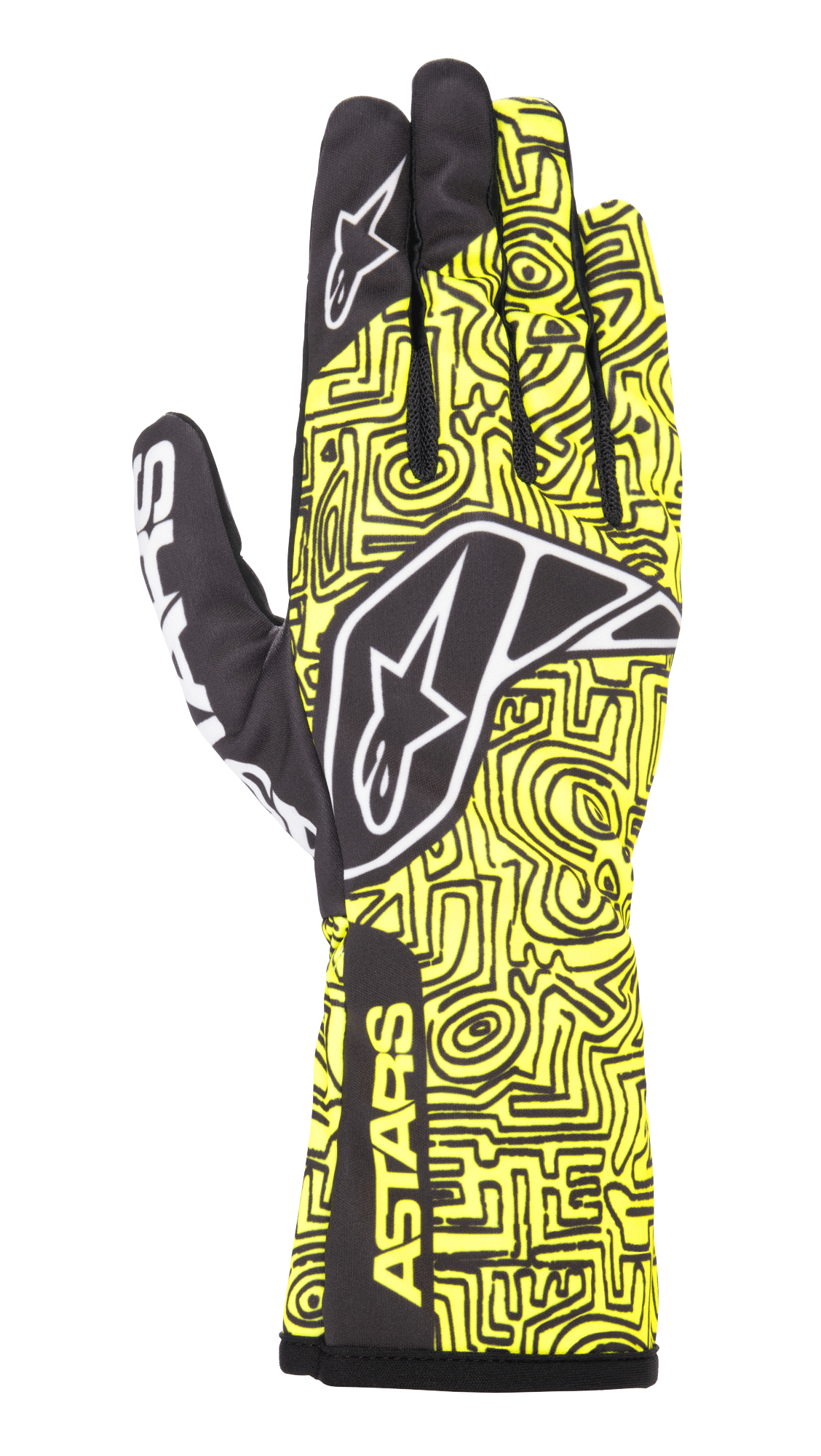 Gants Alpinestars Tech-1 K Race V2 Vertical, gants de karting, jaune fluo et noir, avec logo étoile blanc, motifs abstraits complexes et marquage ASTARS sur la manchette, conception légère pour la performance en sport automobile