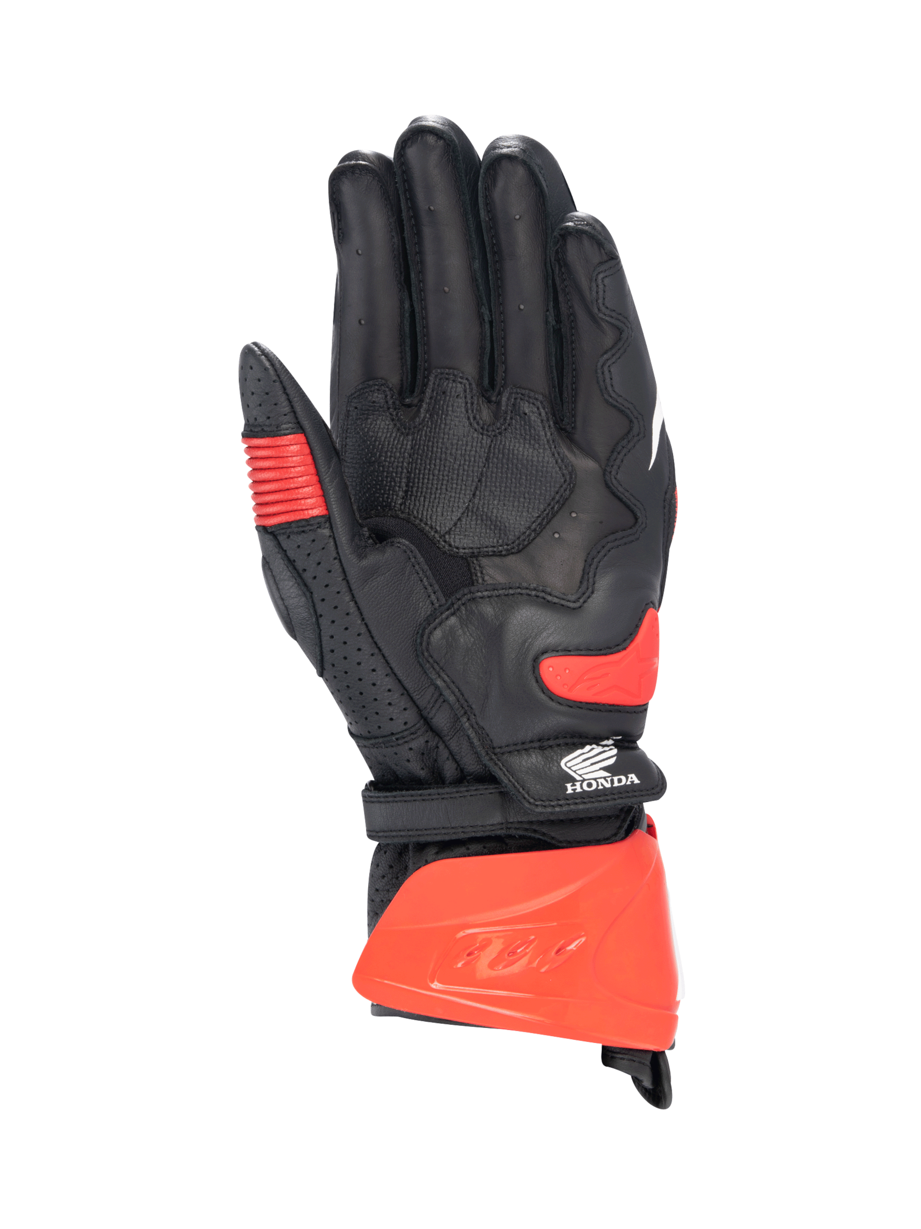 Alpinestars Honda GP Pro R3 Gloves, black and bright red motorcycle racing gauntlet, kangaroo leather palm, CE certified.