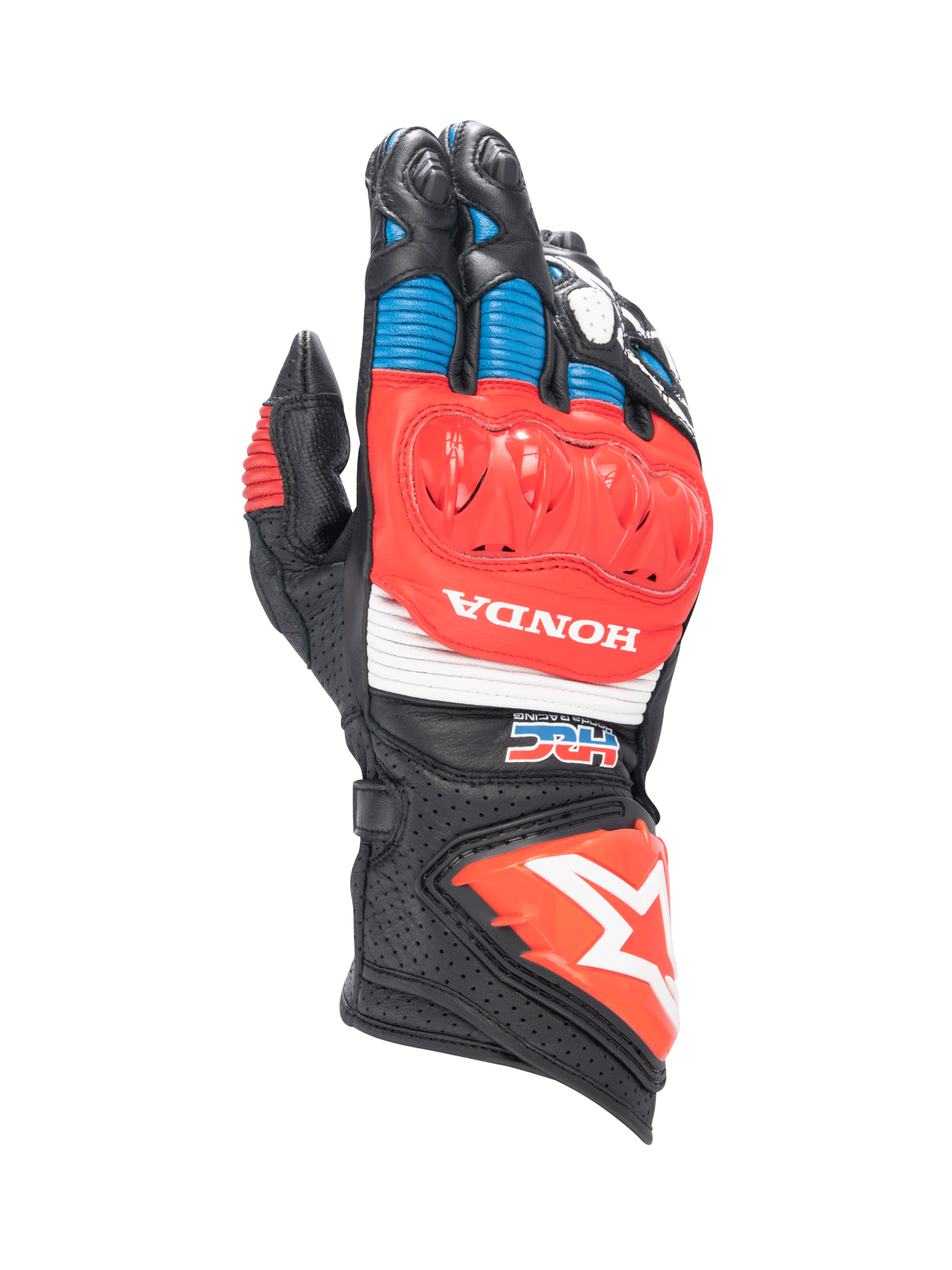 Alpinestars Honda GP Pro R3 Handschuhe, Racing-Stulpenhandschuhe aus Leder in Schwarz und Rot mit DFS-Knöchelschutz.