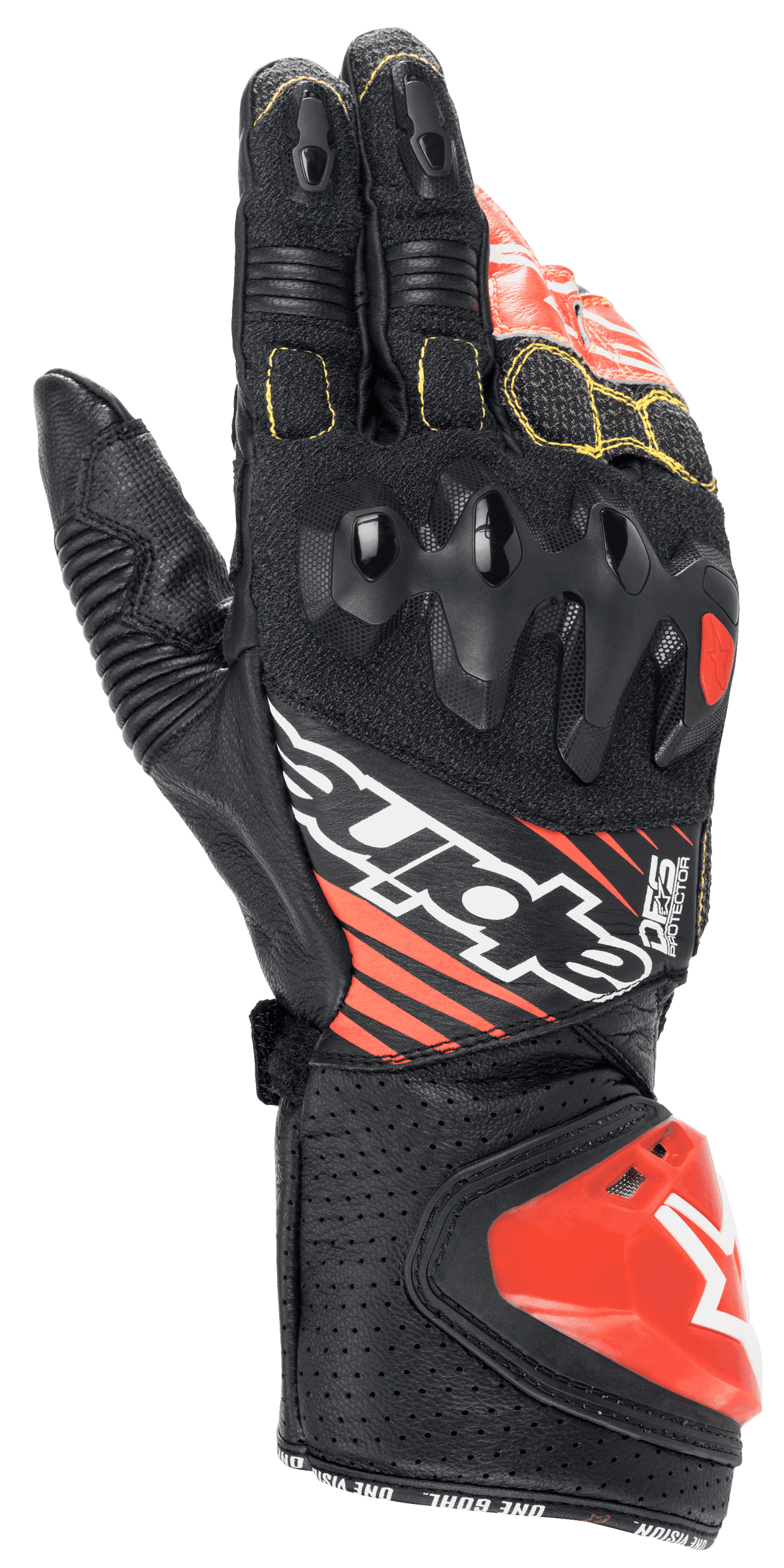 Alpinestars GP Tech V2 Handschuhe, Motorrad-Rennhandschuhe, Schwarz, Weiß und Fluo-Rot, mit Knöchelprotektor mit doppelter Dichte, perforiertes Leder mit gelben Nähten, roter DFS-Manschetten-Schleifer, professionelles Renndesign