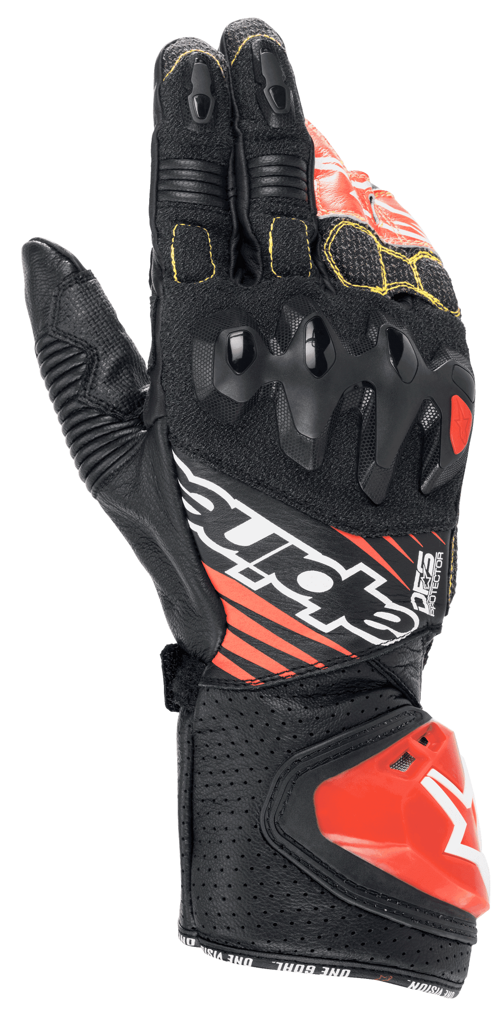 Alpinestars GP Tech V2 Handschuhe, Motorrad-Rennhandschuhe, Schwarz, Weiß und Fluo-Rot, mit Knöchelprotektor mit doppelter Dichte, perforiertes Leder mit gelben Nähten, roter DFS-Manschetten-Schleifer, professionelles Renndesign