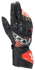 Alpinestars GP Tech V2 Handschuhe, Motorrad-Rennhandschuhe, Schwarz, Weiß und Fluo-Rot, mit Knöchelprotektor mit doppelter Dichte, perforiertes Leder mit gelben Nähten, roter DFS-Manschetten-Schleifer, professionelles Renndesign