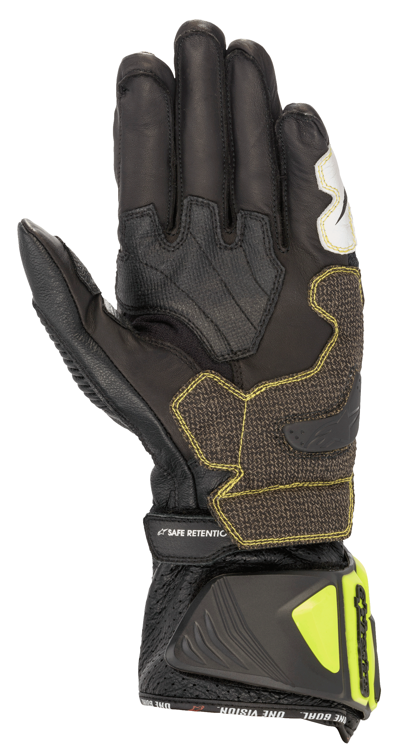 Alpinestars GP Tech V2 Handschoenen, zwart en fluogeel, zijaanzicht van de handpalm met kangoeroelederen constructie, versterkte grippanelen met gele stiksels, ergonomische manchet met fluogele beschermers en 'SAFE RETENTION' strap, professionele motorrace-uitrusting