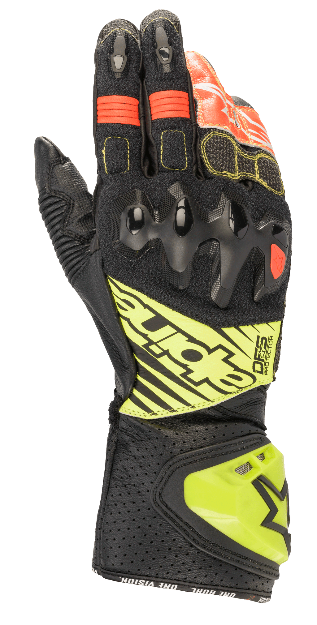 Alpinestars GP Tech V2 handschoenen, motorracehandschoenen, zwart met fluogeel en rode accenten, voorzien van harde knokkelbescherming, geperforeerde leren manchet met DFS-branding en accordeon stretchpanelen voor optimale flexibiliteit.