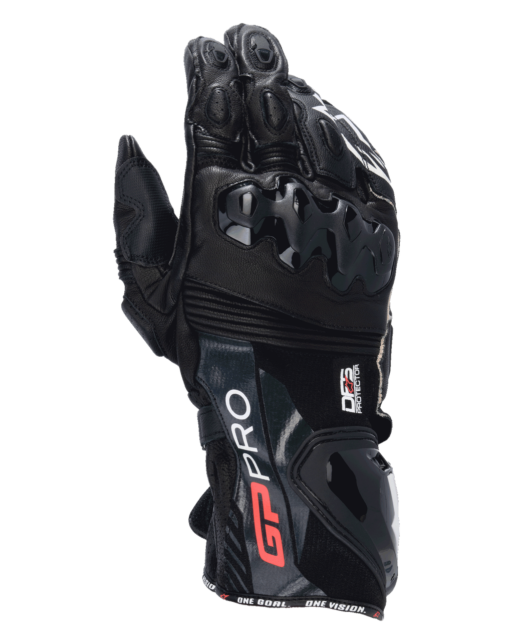 Alpinestars GP Pro R4 motorhandschoenen, zwarte racing gauntlet handschoenen, voorzien van DFS knokkel- en manchetbeschermers, premium leren constructie met rode en witte branding, hoogwaardige circuitbescherming