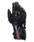 Alpinestars GP Pro R4 motorhandschoenen, zwarte racing gauntlet handschoenen, voorzien van DFS knokkel- en manchetbeschermers, premium leren constructie met rode en witte branding, hoogwaardige circuitbescherming