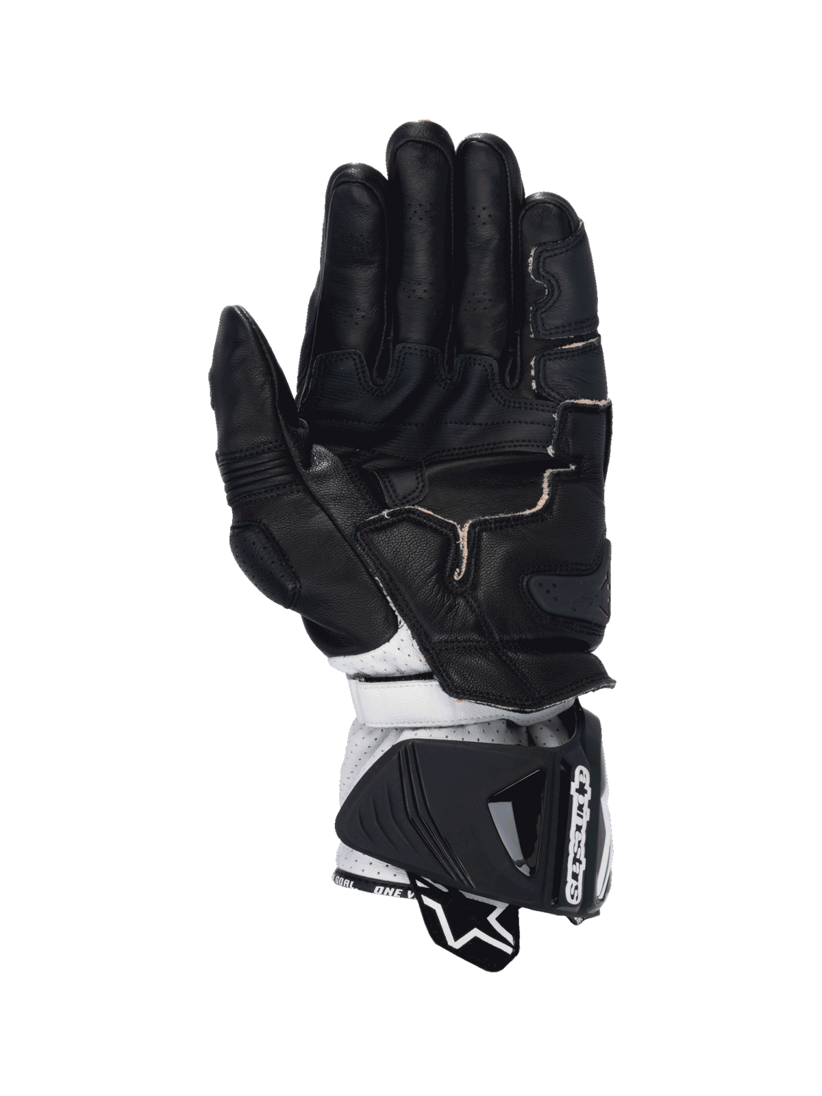 Alpinestars GP Pro R4 heren-motorhandschoenen, zwart en wit leer met kangoeroelederen palm en DFS-bescherming.