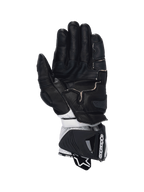 Alpinestars GP Pro R4 heren-motorhandschoenen, zwart en wit leer met kangoeroelederen palm en DFS-bescherming.