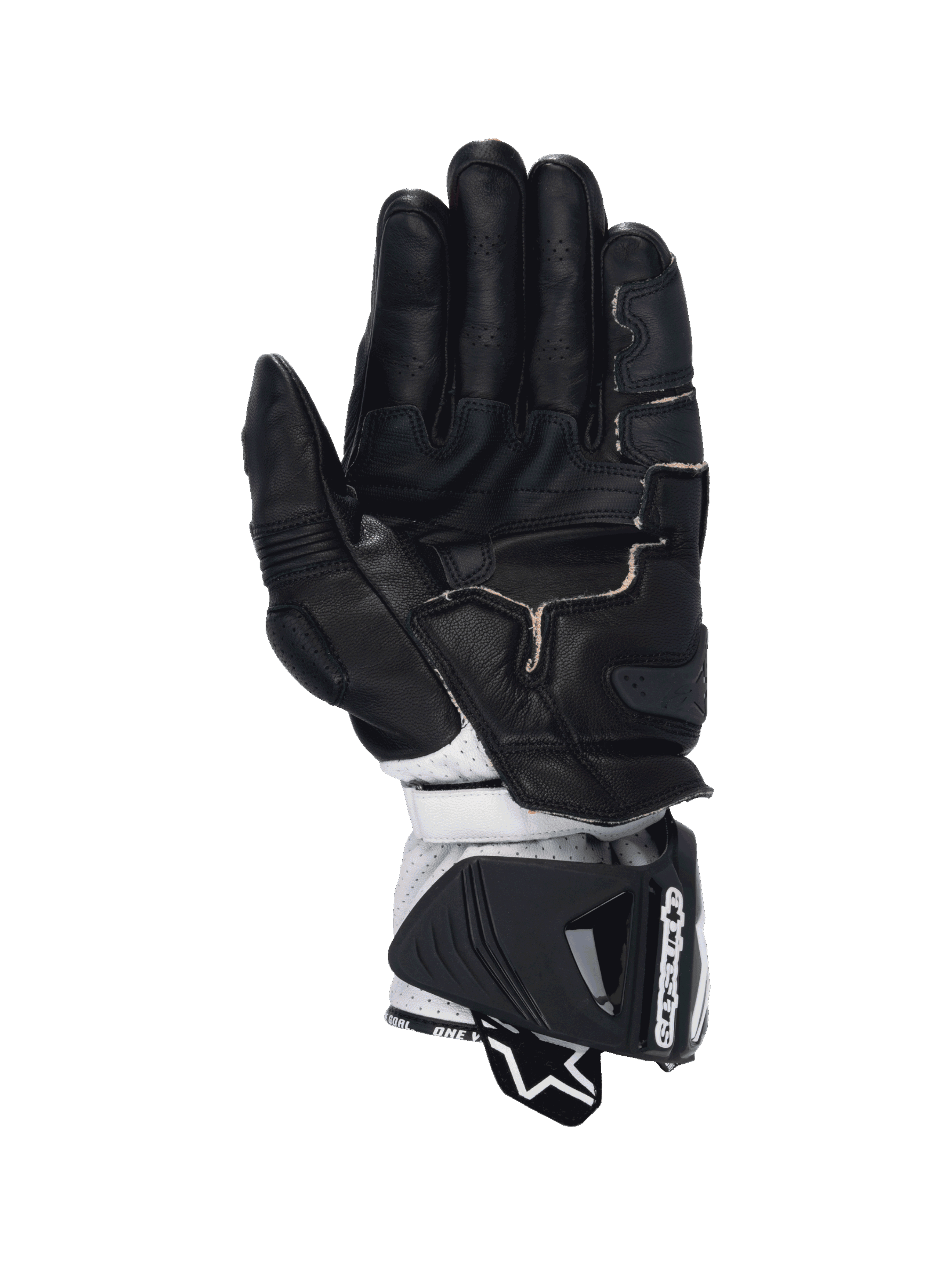 Alpinestars GP Pro R4 heren-motorhandschoenen, zwart en wit leer met kangoeroelederen palm en DFS-bescherming.