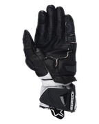 Alpinestars GP Pro R4 Handschoenen, racing motorhandschoenen, zwart rood fluo wit, handpalmweergave met zwarte lederen constructie, geperforeerde vingers, gripverstevigingen en wit lederen polsgedeelte met een grote beschermende manchet.